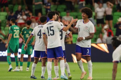 AUSTIN, TX - JUNE 19: United States defender Chris Richards (3) gets a high five from United States midfielder Johnny Cardoso (15) after winning the Concacaf Gold Cup Group stage match between United States and Saudi Arabia on June 19, 2025, at Q2 Stadium in Austin, TX. (Credit Image: © David Buono/Icon SMI via ZUMA Press)