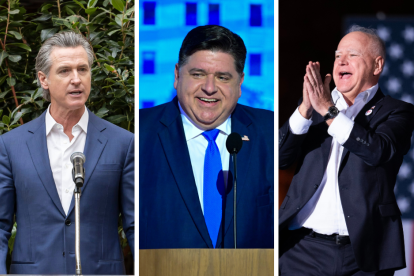 Montaje de los gobernadores Gavin Newsom, JB Pritzker y Tim Walz