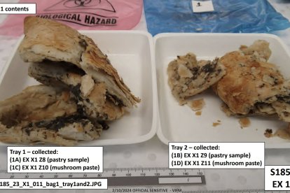 Esta foto sin fecha del Tribunal Supremo de Victoria publicada el 7 de julio de 2025 muestra una foto comentada de platos que contienen muestras de una comida de ternera Wellington con setas tóxicas preparada por la cocinera casera australiana Erin Patterson, durante un análisis toxicológico en el Instituto Victoriano de Medicina Forense. Una mujer australiana asesinó a los padres y a la tía de su marido añadiendo setas tóxicas a su comida de buey Wellington, según declaró un jurado el 7 de julio en el punto álgido de un juicio seguido en todo el mundo. Patterson organizó una comida íntima en julio de 2023 que empezó con bromas y oraciones sinceras, pero acabó con tres invitados muertos.
