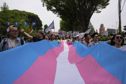 Una multitud carga una bandera transgénero