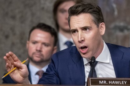 United States Senator Josh Hawley (Republican of Missouri) grills Meta Founder and Chief Executive Officer Mark Zuckerberg, prompting Mr. Zuckerberg to stand up out of his chair and address families in the audience, during a Senate Community on the Judiciary hearing to examine Big Tech and the online child sexual exploitation crisis, in the Dirksen Senate Office Building in Washington, DC, Wednesday, January 31, 2024. Credit: Rod Lamkey / CNP