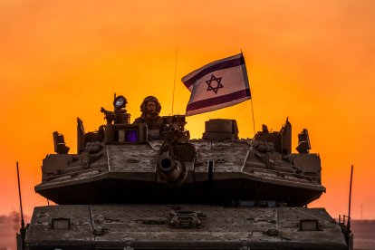 An Israeli tank seen during operational activity in the Gaza Strip in a photo published on 2023