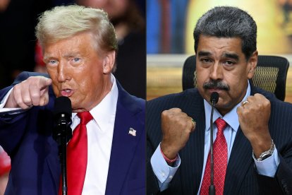 (COMBO) This combination of pictures created on August 07, 2025 shows US President Donald Trump (L) in Grand Rapids, Michigan on November 5, 2024, and Venezuelan President Nicolas Maduro (R) in Caracas on July 31, 2024. The United States doubled its bounty on Venezuelan President Nicolas Maduro -- who faces federal drug trafficking charges -- to $50 million on August 7, 2025, a move Caracas described as "pathetic" and "ridiculous". (Photo by KAMIL KRZACZYNSKI and Federico PARRA / AFP)