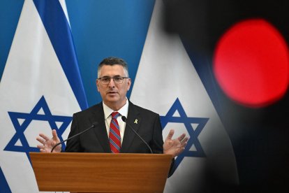Israeli Foreign Minister Gideon Sa'ar speaks during a joint press conference