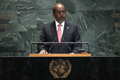 Somali President Hassan Sheikh Mohamud speaks during the United Nations General Assembly at UN headquarters in New York City on September 25, 2025. (Photo by TIMOTHY A. CLARY / AFP)