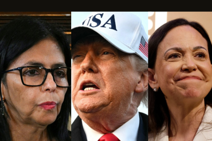 Collage de fotos con Delcy Rodríguez, Donald Trump y María Corina Machado
