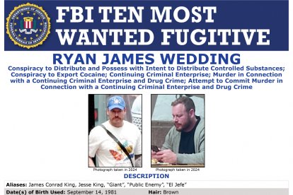 This image released by the FBI shows the wanted poster for former Olympian Ryan James Wedding