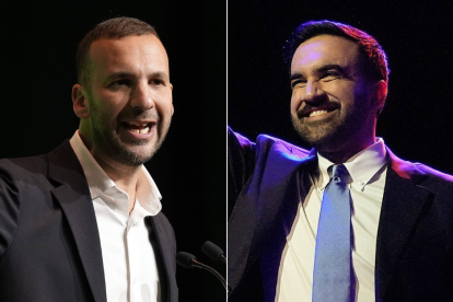 El líder del Partido Verde, Zack Polanski, hablando durante la conferencia del Partido Verde en el Centro Internacional de Bournemouth (izquierda). Zohran Mamdani reacciona al subir al escenario para hablar en una fiesta de observación de las elecciones a la alcaldía, el martes 4 de noviembre de 2025, en Nueva York (derecha).