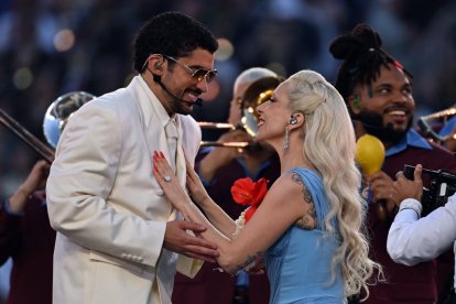US singer-songwriter Lady Gaga and Puerto Rican singer Bad Bunny perform during Super Bowl LX Patriots vs Seahawks Apple Music Halftime Show at Levi's Stadium in Santa Clara, California on February 8, 2026. (Photo by JOSH EDELSON / AFP)