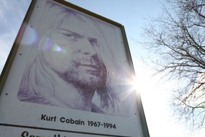 Un cartel en el parque Kurt Cobain en Aberdeen, Washington, el 1 de abril de 2014.