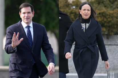 El secretario de Estado Marco Rubio (d) y la opositora María Corina Machado (i)