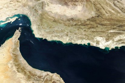 This handout natural-colour image acquired with MODIS on NASAs Terra satellite taken on February 5, 2025 shows the Gulf of Oman and the Makran region (C) in southern Iran and southwestern Pakistan, and the Strait of Hormuz (L) and the northern coast of Oman (bottom). Iran is considering relocating its capital from congested and smoggy Tehran to the coastal region along the Gulf, an ambitious plan to tackle the city's urban challenges and boost the country's sanctions-hit economy. Moving the capital has been a recurring discussion since the 1979 Islamic Revolution, but the proposals were repeatedly shelved due to financial and logistical hurdles. (Photo by NASA Earth Observatory / AFP) / RESTRICTED TO EDITORIAL USE - MANDATORY CREDIT