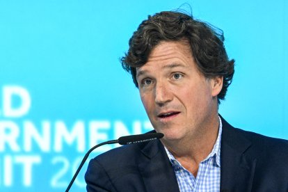 Tucker Carlson, US television personality and founder of the Tucker Carlson Network, speaks at a panel session during the World Government Summit in Dubai on February 12, 2024. (Photo by RYAN LIM / AFP)