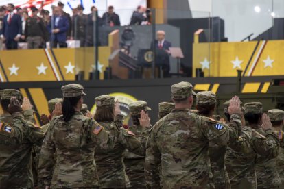 U.S. Army soldiers recite the oath of enlistment during the Army's 250th Birthday Parade in Washington D.C. June 14, 2025. The U.S. Army's 250th birthday celebration honors the sacrifices, achievements, and true spirit of American warriors through three distinct categories: Heroes, Legacy & Nostalgia.