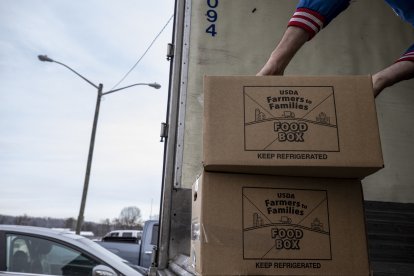 Un voluntario apila cajas de alimentos del programa "Agricultores a Familias" del USDA