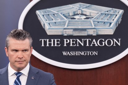 US Secretary of Defense Pete Hegseth speaks during a press briefing at the Pentagon in Washington, DC, on April 16, 2026. The United States will prevent all shipping from entering or exiting Iranian ports in the Strait of Hormuz for "as long as it takes," US Defense Secretary Pete Hegseth said on Thursday, the fourth day of the blockade. (Photo by SAUL LOEB / AFP)