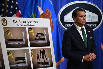Acting US Attorney General Todd Blanche looks on during a news conference at Department of Justice headquarters in Washington, DC, on April 27, 2026. The man accused in the shooting at a media gala attended by Donald Trump was arraigned in court Monday on charges of trying to assassinate the president and two firearms crimes. Cole Allen, 31, faces a sentence of up to life in prison if convicted of attempting to kill Trump during the incident on Saturday at the White House Correspondents Association dinner in Washington. (Photo by ANNABELLE GORDON / AFP)