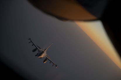 A U.S. Air Force F-16 Fighting Falcon departs after being refueled over the U.S. Central Command area of responsibility November 13, 2024. Fighting Falcons are one of the multi-role fighters supporting CENTCOM’s focus on deterring Iran and its proxies, while defending U.S. forces, allies, and partners. (U.S. Air Force photo by Staff Sgt. William Rio Rosado)