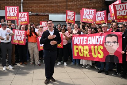 Labour party candidate Andy Burnham addresses supporters outside the Labour party campaign office in Ashton in Makerfield, northwest England, on June 18, 2026, as voters go to the polls to vote in the Makerfield by-election. Britain holds a unique vote on June 18 that could trigger the endgame for Labour leader Keir Starmer's beleaguered premiership, or win him a reprieve.