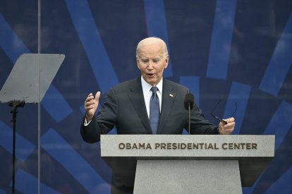 El presidente Biden hablando durante la inauguración del Barack Obama Presidential Center en Chicago, este 18 de junio.