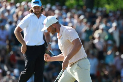 Wyndham Clark reacts to his putt on the 18th green during the final round of The Memorial Tournament presented by Workday at Muirfield Village Golf Club in Dublin, Ohio, USA on Sunday, June 7, 2026. (Photo by Jorge Lemus/NurPhoto) (Photo by Jorge Lemus / NurPhoto via AFP)