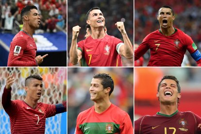 (COMBO) This combination of pictures created on June 23, 2026, shows (L to R) Portugal's forward #07 Cristiano Ronaldo celebrating after scoring during the 2026 World Cup Group K football match between Portugal and Uzbekistan at the Houston Stadium in Houston on June 23, 2026; Ronaldo celebrating scoring his team's first goal during the Qatar 2022 World Cup Group H football match between Portugal and Uruguay at the Lusail Stadium in Lusail, north of Doha on November 28, 2022; Ronaldo celebrating a goal during the Russia 2018 World Cup Group B football match between Portugal and Spain at the Fisht Stadium in Sochi on June 15, 2018; Ronaldo reacting during the World Cup Group G football match between Portugal and Ghana at the Mane Garrincha National Stadium in Brasilia on June 26, 2014;  Ronaldo celebrating after scoring the sixth goal during the 2010 World Cup Group G first round football match between North Korea and Portugal at Green Point stadium in Cape Town on June 21, 2010; and Ronaldo celebrating after scoring a goal during the World Cup 2006 group D football game Portugual vs Iran at Frankfurt stadium on June 17, 2006. Under-fire Portugal superstar Cristiano Ronaldo silenced his critics as he became the first man to score in six different World Cups on June 23, 2026.
