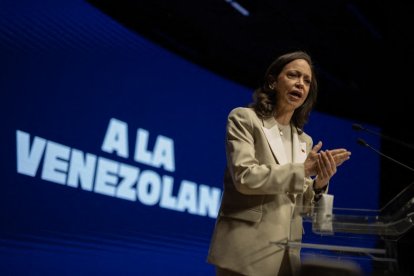 Venezuelan opposition leader and 2025 Nobel Peace Prize laureate Maria Corina Machado holds a press conference in Madrid, Spain. (Photo by David Canales/NurPhoto) (Photo by David Canales / NurPhoto via AFP)