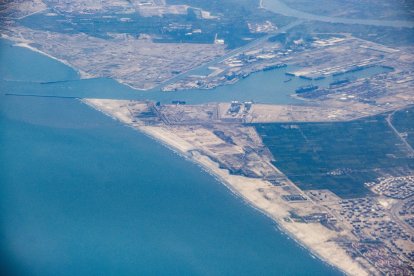 An aerial view of the port of Egypt's northern Mediterranean coastal city of Damietta.
