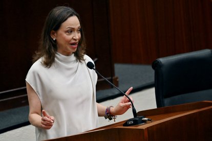 María Corina Machado pronunciando un discurso ante la Asamblea Nacional de Panamá, en mayo de 2026.