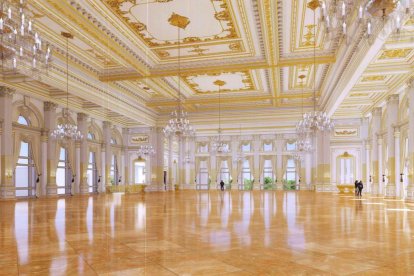 Esta imagen, publicada el 14 de agosto de 2026, muestra una representación arquitectónica del salón de baile de la Casa Blanca.