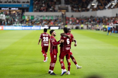 Toluca FC players celebrate a goal in the first half during a Leagues Cup match between Toluca FC and Club Leon at Shell Energy Stadium in Houston, Texas, on September 2, 2026.