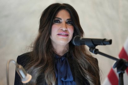 US Ambassador to Greece Kimberly Guilfoyle speaks during a dedication ceremony at the chancery of the US Embassy in Athens, on October 7, 2026. (Photo by Mark Schiefelbein / POOL / AFP)
