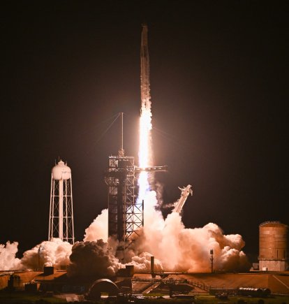 A SpaceX Falcon 9 rocket with the Crew Dragon Resilience capsule, carrying the crew of the Polaris Dawn Mission, lifts off from Launch Complex 39A at Kennedy Space Center in Cape Canaveral, Florida, on September 10, 2024. (Photo by CHANDAN KHANNA / AFP)