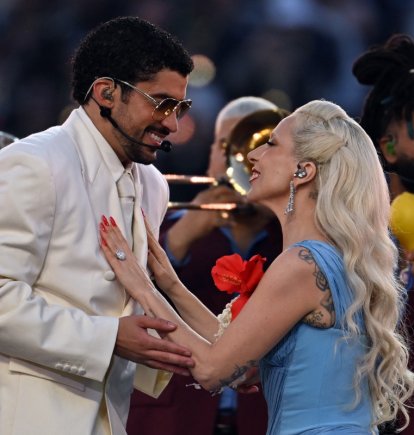 US singer-songwriter Lady Gaga and Puerto Rican singer Bad Bunny perform during Super Bowl LX Patriots vs Seahawks Apple Music Halftime Show at Levi's Stadium in Santa Clara, California on February 8, 2026. (Photo by JOSH EDELSON / AFP)