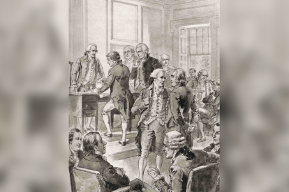 Firma de la Declaración de Independencia, 4 de julio de 1776. De La historia de nuestro país, publicada en 1900