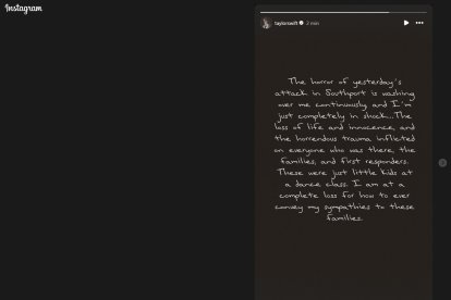 Captura de pantalla de la story con la declaración subida por la artista Taylor Swift en la que asegura estar