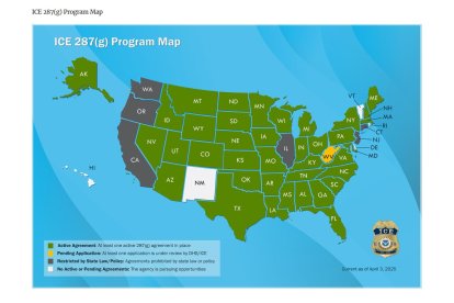 ICE map showing states where it collaborates with local authorities (in green) and where it is prohibited (gray).