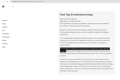 Blog de OpenAI con un presunto correo de Elon Musk sugiriendo unir OpenAI y Tesla