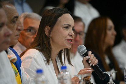 María Corina Machado speaks during a press conference in Panama City.
