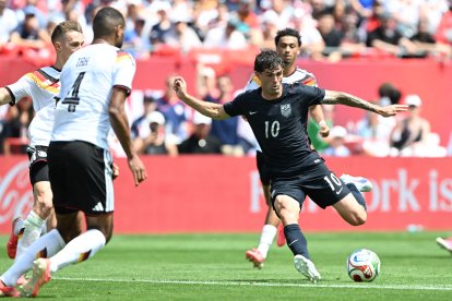 Christian Pulisic shoots on goal against Germany. June 2026