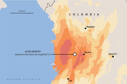 Mapa que muestra la intensidad del terremoto de magnitud 7,4 ocurrido en Colombia el 10 de agosto.