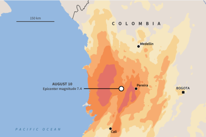 Infographic map showing the shake intensity of the 7.4-magnitude earthquake in Colombia on August 10.