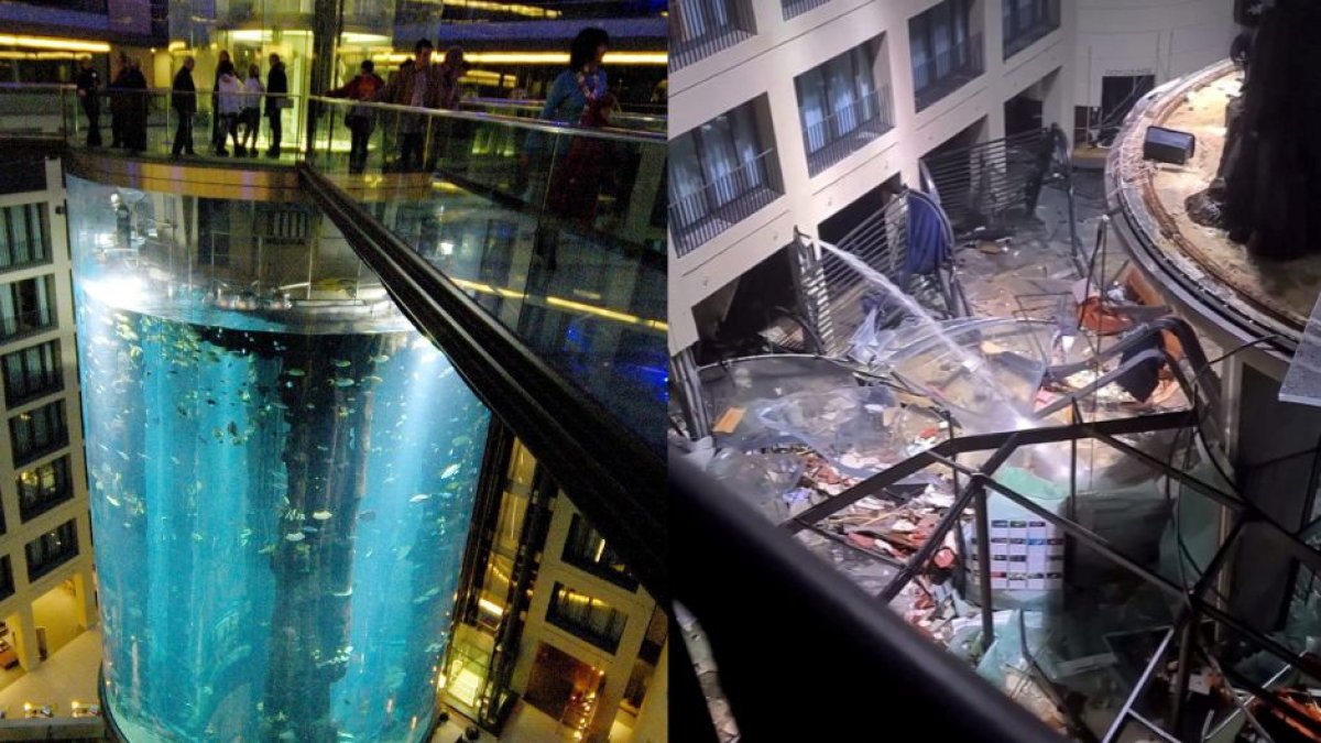 Imágenes del estallido del Aquadom, en el hotel Radisson Collection de Berlín que estalló la mañana del viernes, 16 de diciembre de 2022.