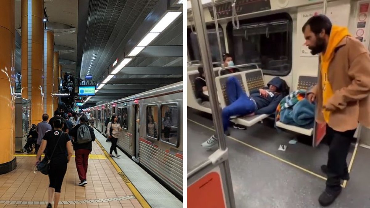 Imágenes contrapuestas del metro de Los Ángeles. Una de ellas muestra un andén, la otra el interior de un tren en el que moran varias personas en situación