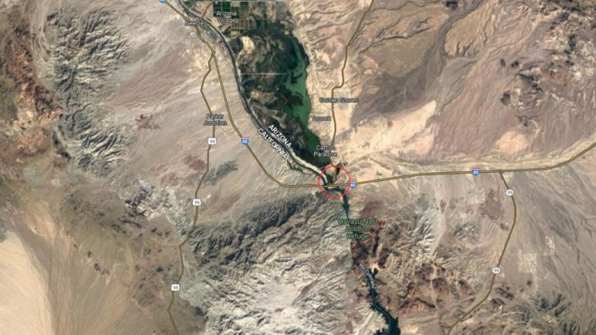 Map of the Arizona-California border, site of a train derailment