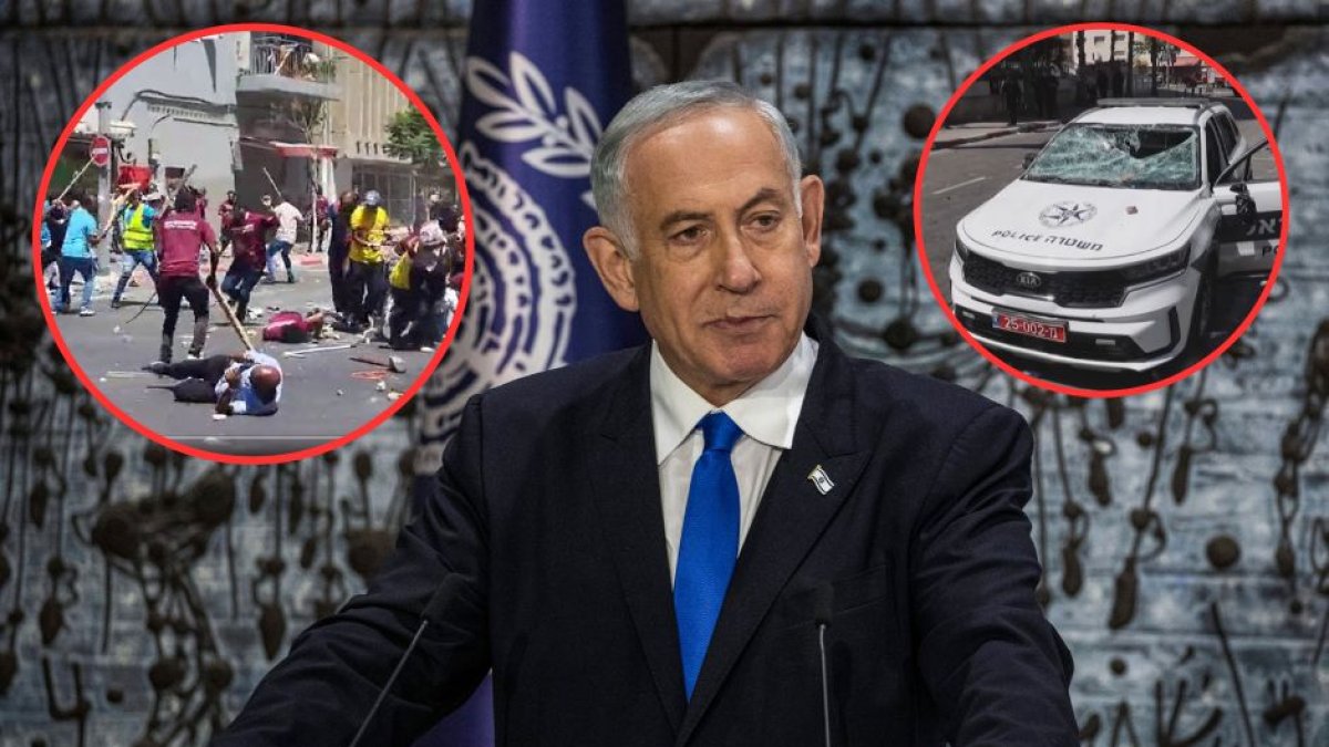 El primer ministro de Israel Benjamin Netanyahu e imágenes de los disturbios entre inmigrantes eritreos.