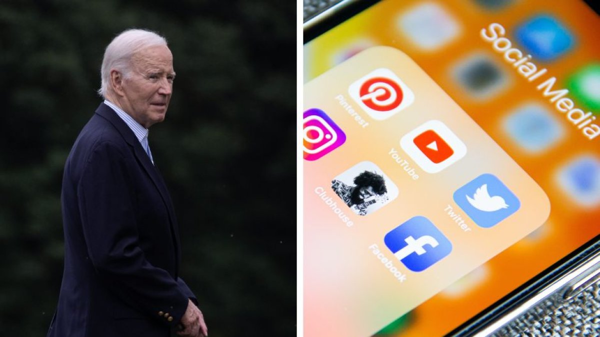 Joe Biden llegando a la Casa Blanca. Imagen de un teléfono con las aplicaciones de varias redes sociales.