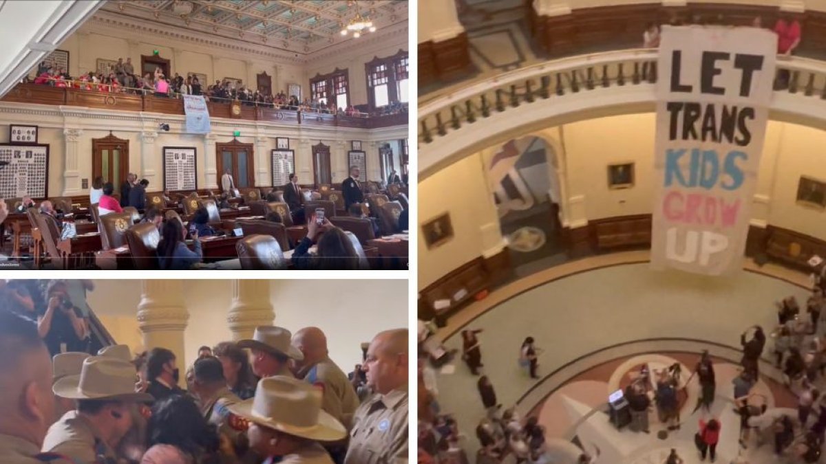 Montaje de tres momentos del asalto al Capitolio texano por activistas de izquierda.