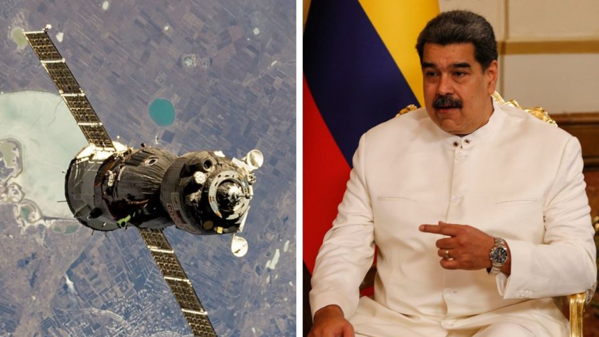 Imágenes contrapuestas de Nicolás Madura y un satélite en el espacio.