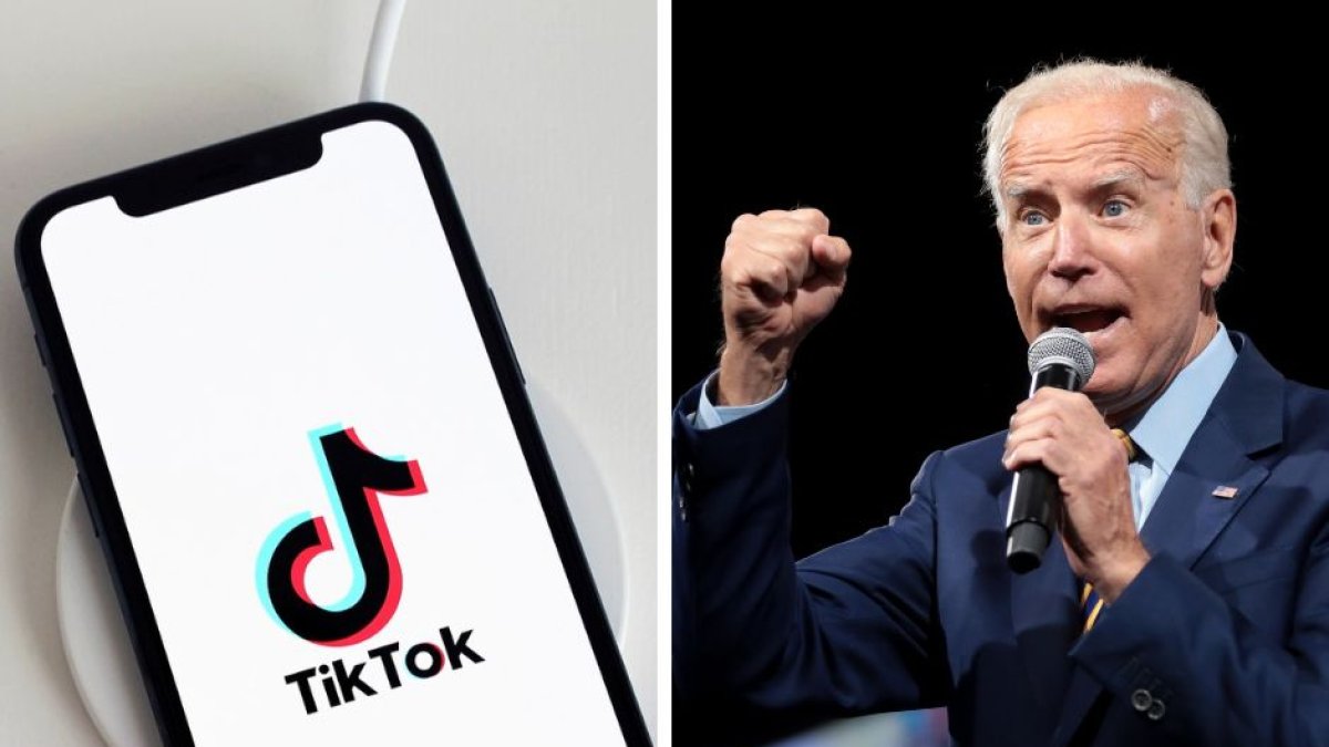Joe Biden durante un mitin. Imagen del logotipo de TikTok en un teléfono móvil.